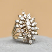 Estate 14K White Gold Marquise Diamond Cluster Cocktail Ring, 1.50 TCW Brilliant Diamond Starburst, 6 1/4 US