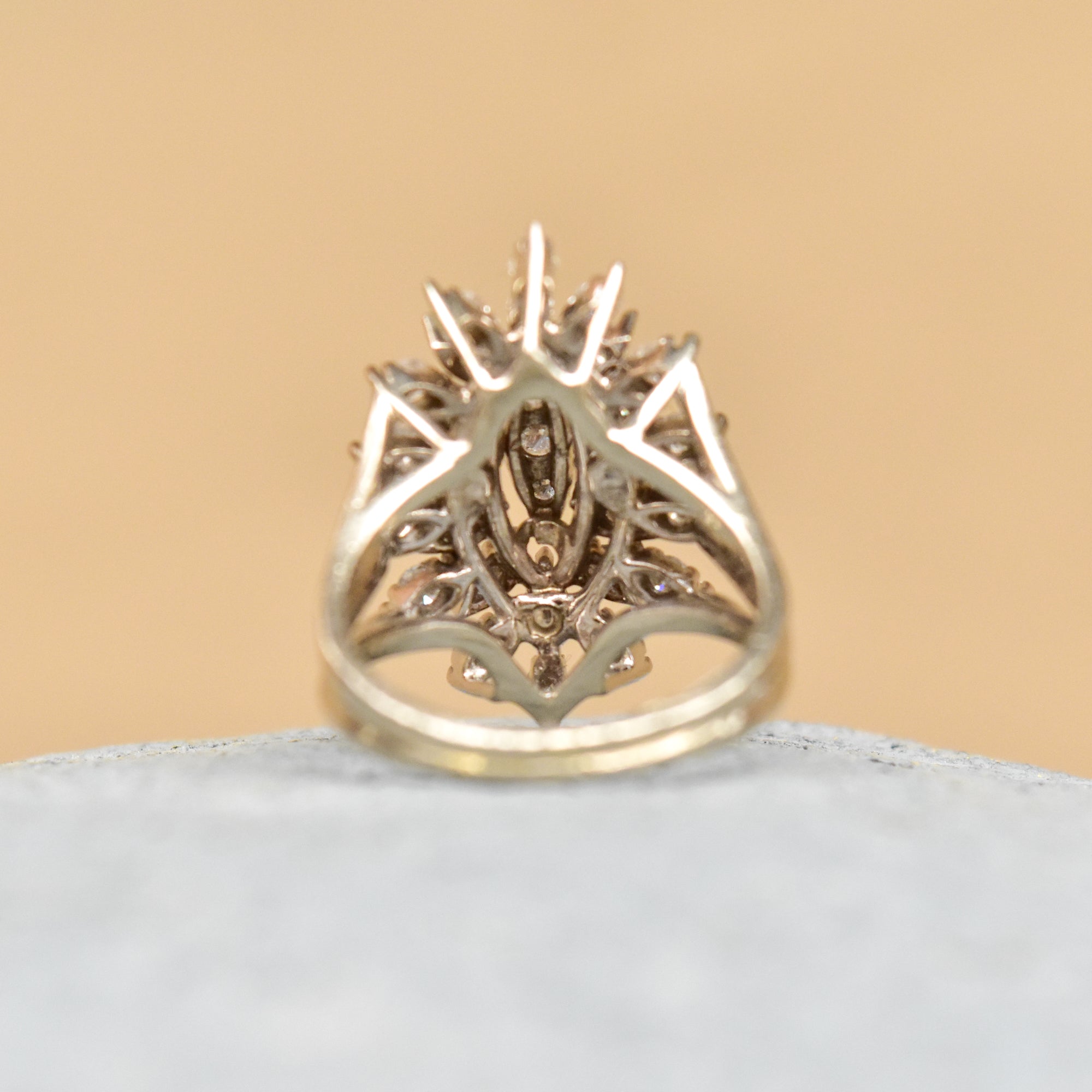 Estate 14K White Gold Marquise Diamond Cluster Cocktail Ring, 1.50 TCW Brilliant Diamond Starburst, 6 1/4 US