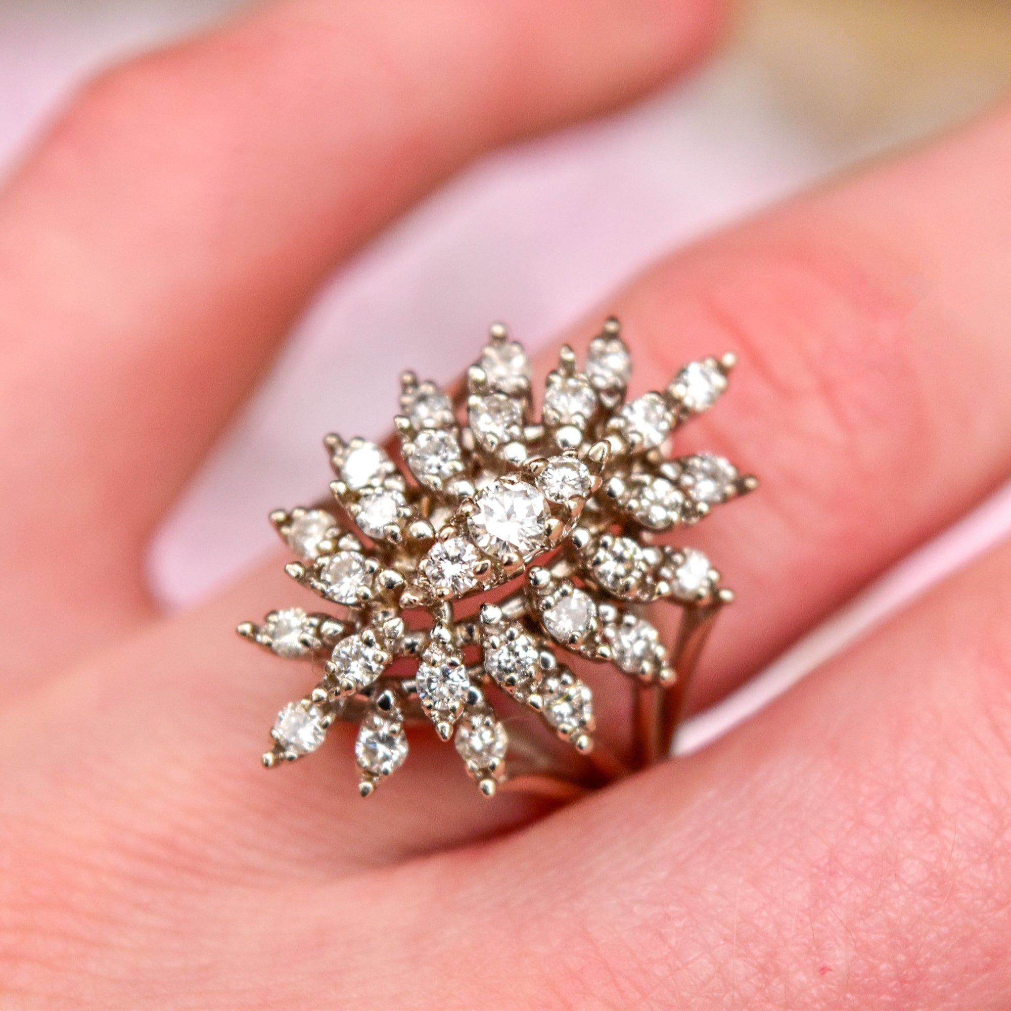 Estate 14K White Gold Marquise Diamond Cluster Cocktail Ring, 1.50 TCW Brilliant Diamond Starburst, 6 1/4 US