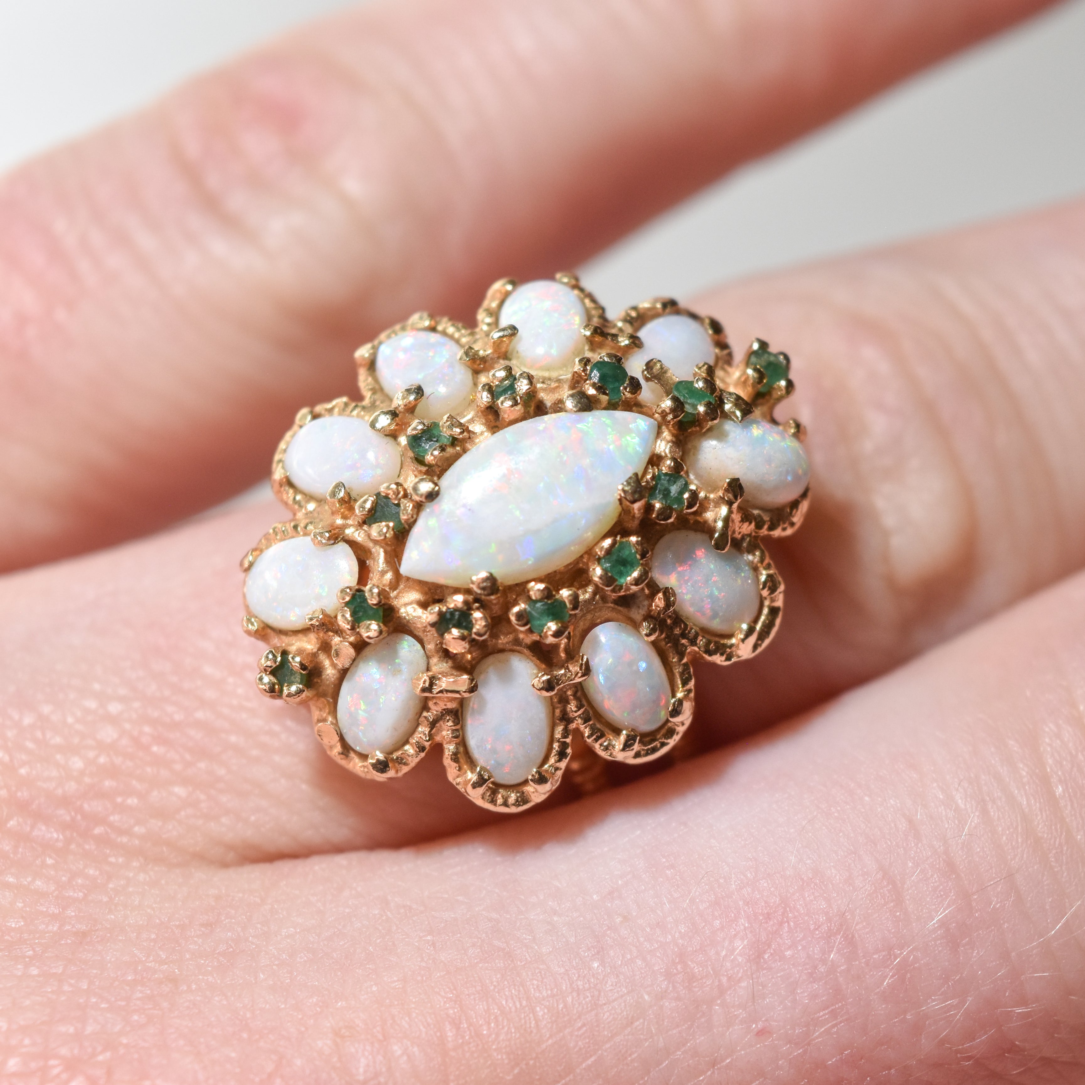 14K Natural Opal Emerald Cocktail Ring, Size 7.25 US