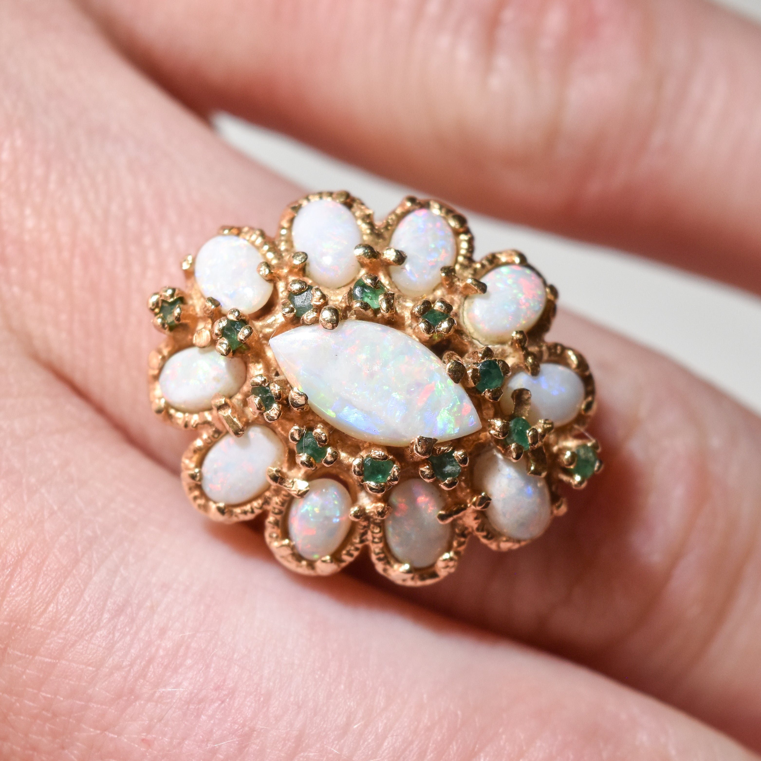 14K Natural Opal Emerald Cocktail Ring, Size 7.25 US