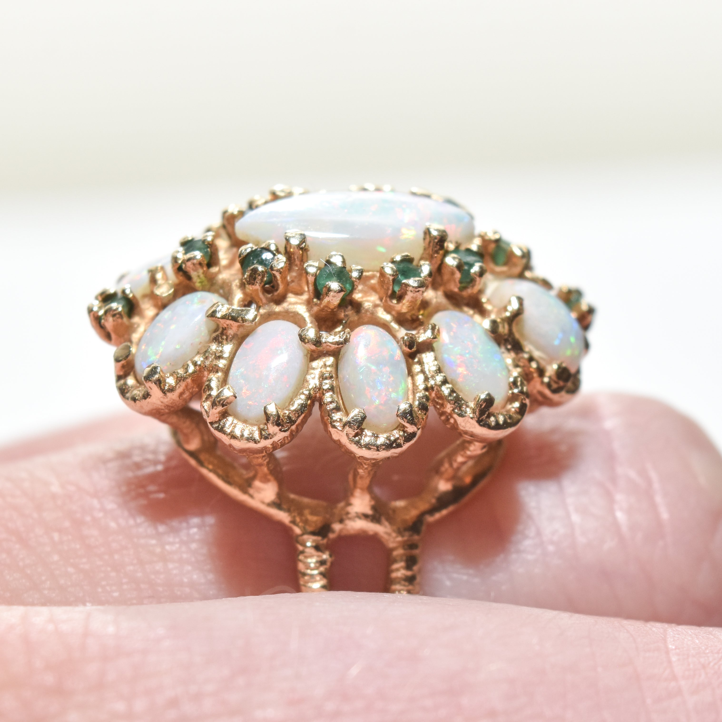 14K Natural Opal Emerald Cocktail Ring, Size 7.25 US