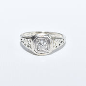 14K White Gold Filigree Diamond Solitaire Ring, .40 CT Old Mine Cut Diamond, Size 6.75 US