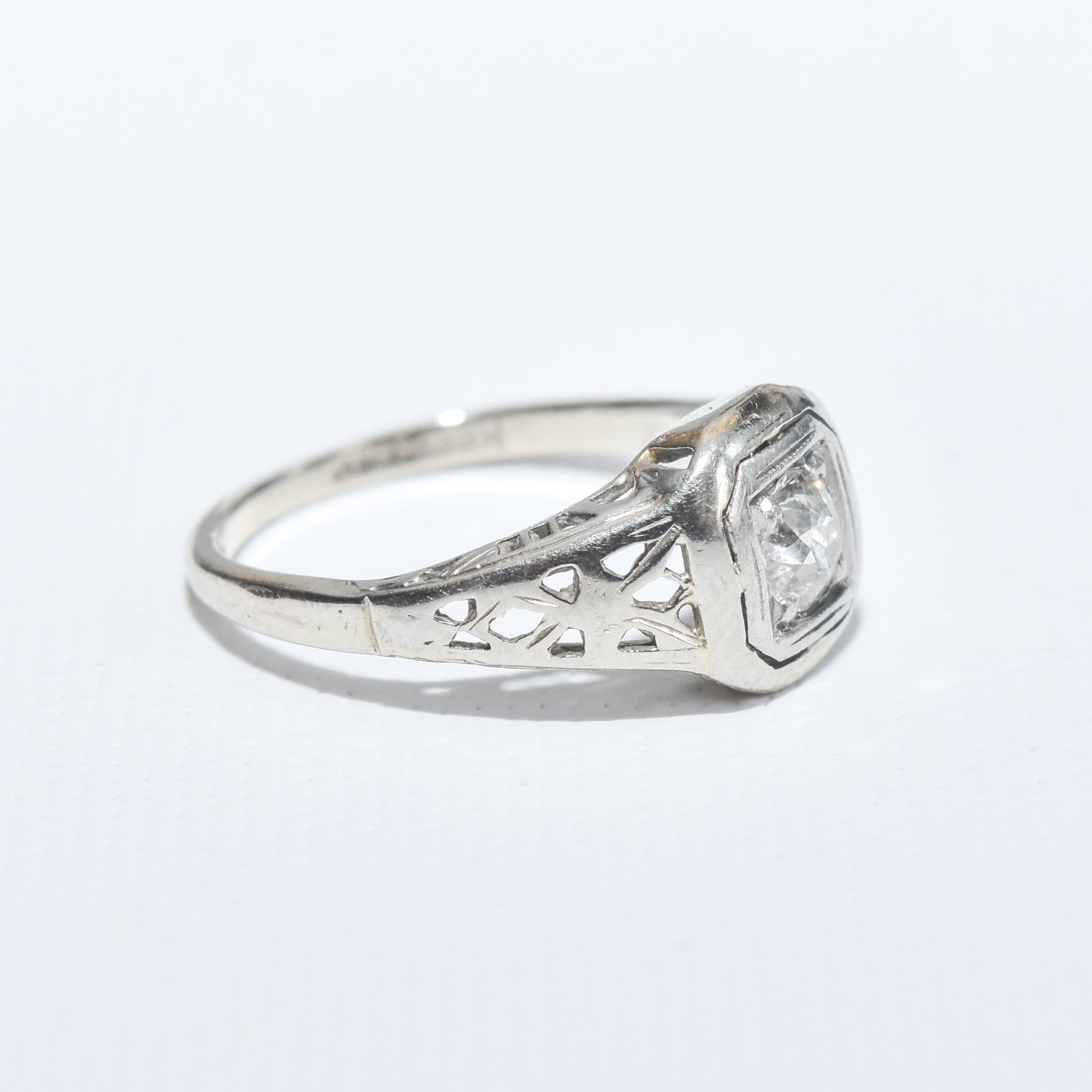 14K White Gold Filigree Diamond Solitaire Ring, .40 CT Old Mine Cut Diamond, Size 6.75 US