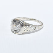 14K White Gold Filigree Diamond Solitaire Ring, .40 CT Old Mine Cut Diamond, Size 6.75 US