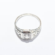 14K White Gold Filigree Diamond Solitaire Ring, .40 CT Old Mine Cut Diamond, Size 6.75 US