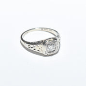 14K White Gold Filigree Diamond Solitaire Ring, .40 CT Old Mine Cut Diamond, Size 6.75 US