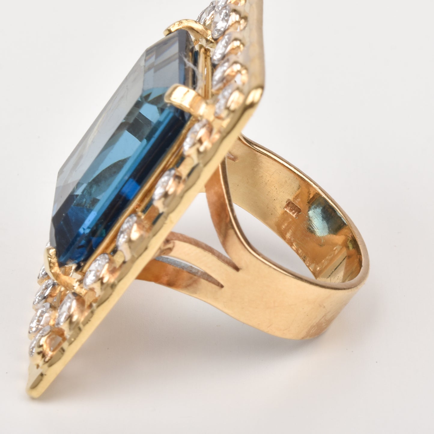 Statement 18K London Blue Topaz Diamond Halo Cocktail Ring, Estate Jewelry, Size 4 1/4 US