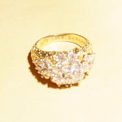 Modernist 14K Diamond Cluster Bombe Ring, 2.25 TCW, Stippled Yellow Gold Band, Vintage Engagement Ring, 7 US