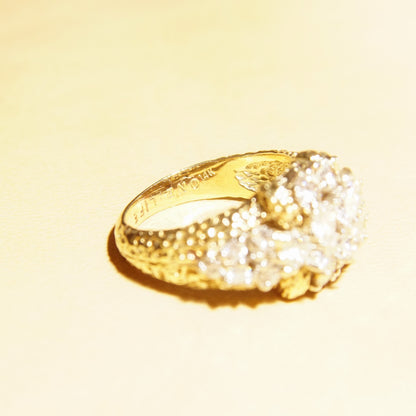 Modernist 14K Diamond Cluster Bombe Ring, 2.25 TCW, Stippled Yellow Gold Band, Vintage Engagement Ring, 7 US