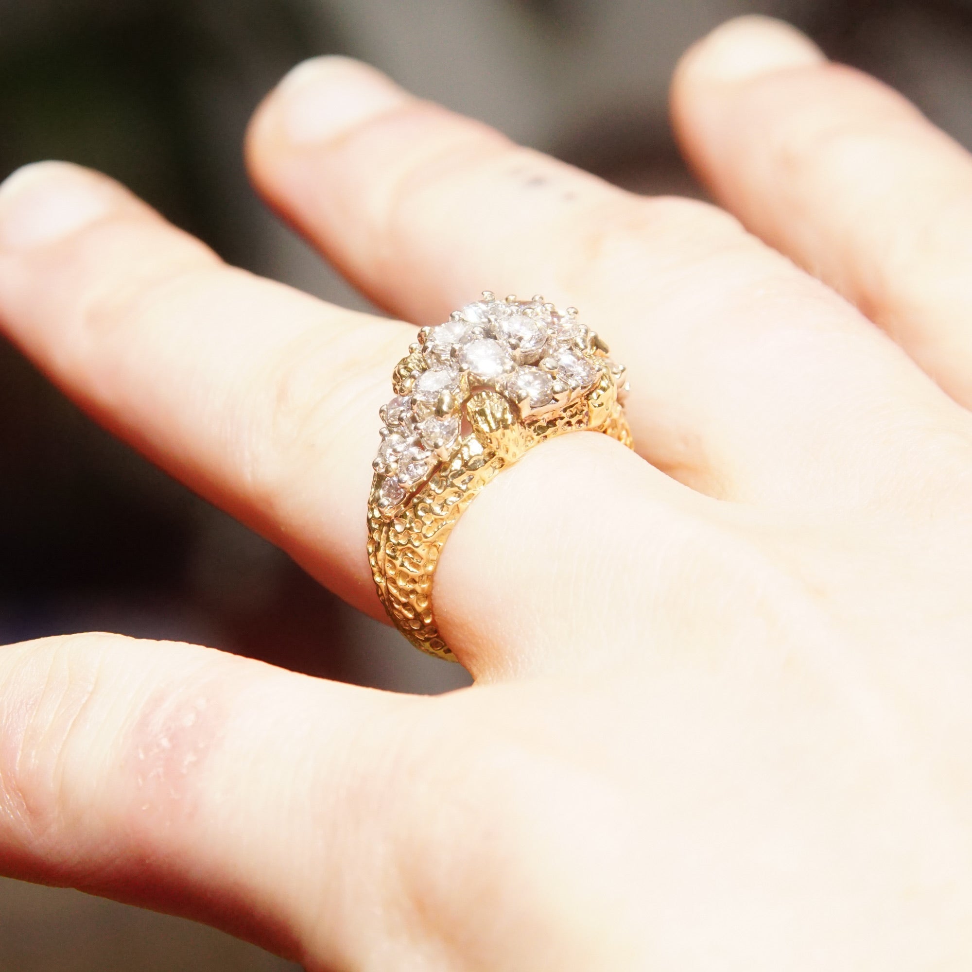 Modernist 14K Diamond Cluster Bombe Ring, 2.25 TCW, Stippled Yellow Gold Band, Vintage Engagement Ring, 7 US