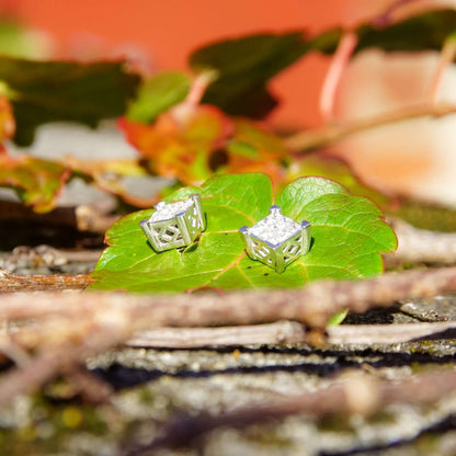 10K Princess Diamond Composite Stud Earrings, Square White Gold Diamond Cluster Studs, 1/2 TCW, Estate Jewelry, 7mm