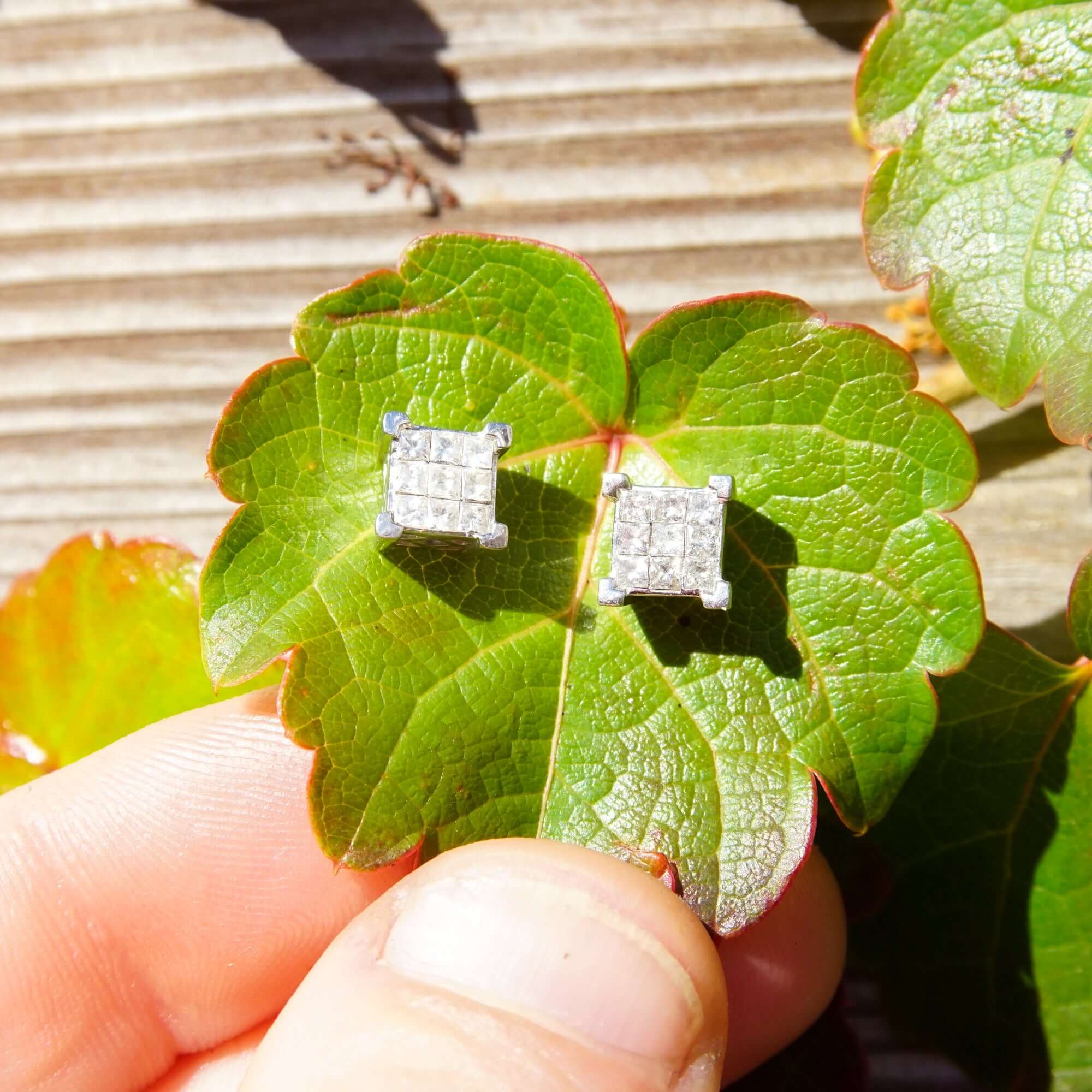 10K Princess Diamond Composite Stud Earrings, Square White Gold Diamond Cluster Studs, 1/2 TCW, Estate Jewelry, 7mm