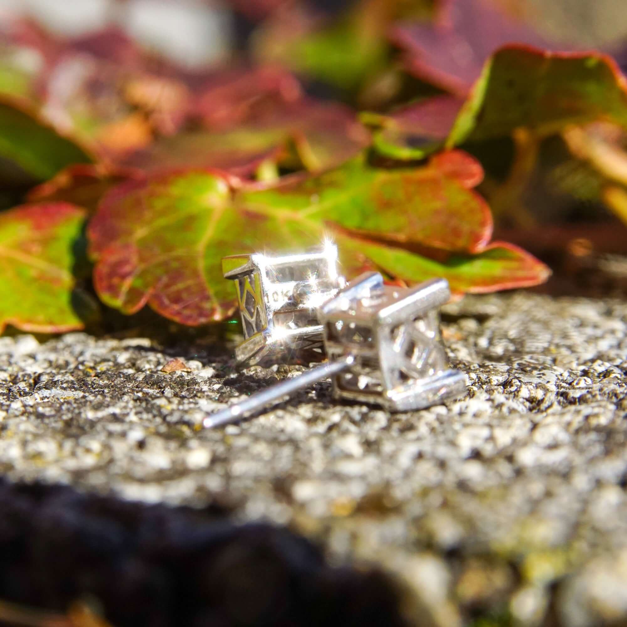 10K Princess Diamond Composite Stud Earrings, Square White Gold Diamond Cluster Studs, 1/2 TCW, Estate Jewelry, 7mm