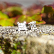 10K Princess Diamond Composite Stud Earrings, Square White Gold Diamond Cluster Studs, 1/2 TCW, Estate Jewelry, 7mm