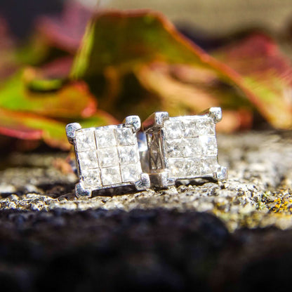 10K Princess Diamond Composite Stud Earrings, Square White Gold Diamond Cluster Studs, 1/2 TCW, Estate Jewelry, 7mm