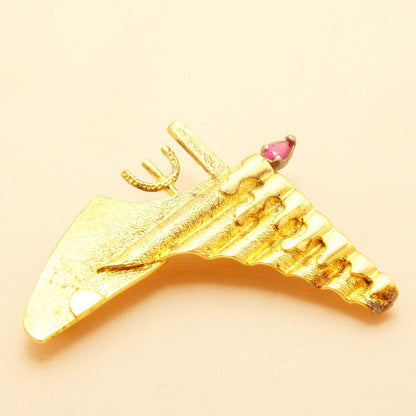 Abstract Modernist Gold Vermeil Sterling Silver Menorah Pendant Brooch Pin, Pink/Red Ruby Flame, Binel GIM 925
