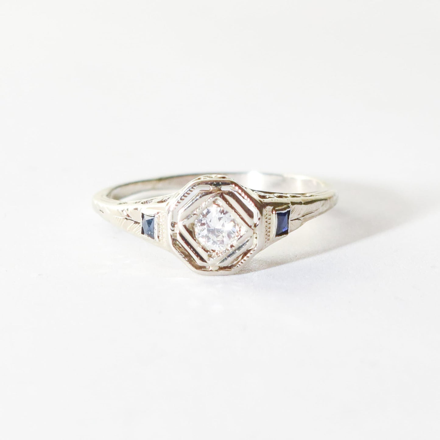 Antique 14K Diamond Sapphire Filigree Engagement Ring, Old-Mine Cut, Floral Motifs, Estate Jewelry, 5 3/4 US