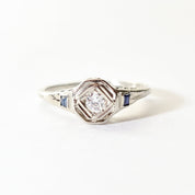 Antique 14K Diamond Sapphire Filigree Engagement Ring, Old-Mine Cut, Floral Motifs, Estate Jewelry, 5 3/4 US