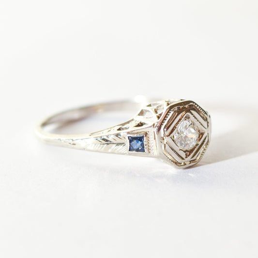 Antique 14K Diamond Sapphire Filigree Engagement Ring, Old-Mine Cut, Floral Motifs, Estate Jewelry, 5 3/4 US