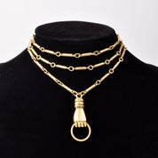 10K Gold Filled Hand-Knocker Pendant Necklace, Pocket Watch Chain & Fob, Estate Jewelry, 30" L