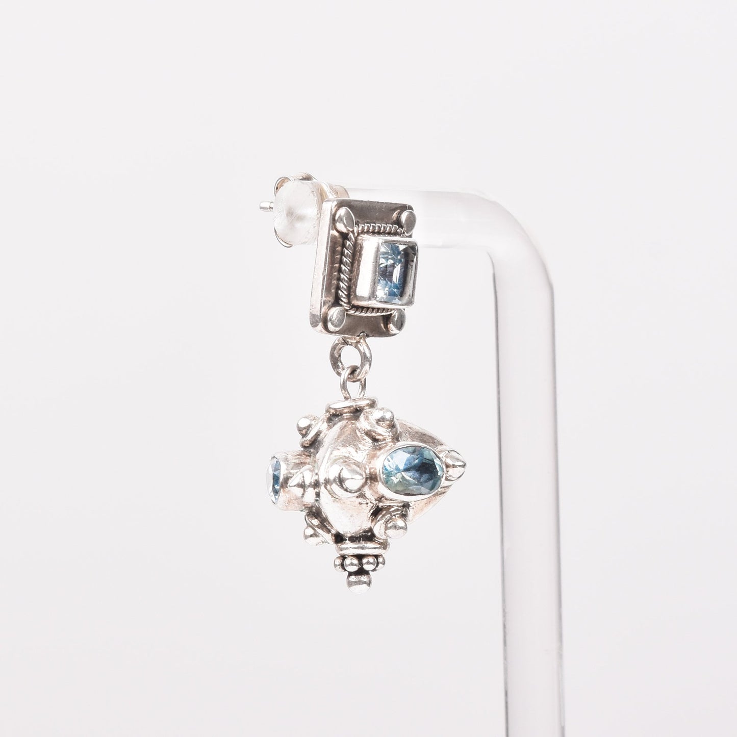 Bali-Style Sterling Silver Blue Topaz Earrings, Small Chunky Pierced Dangle Earrings,  1.25" L