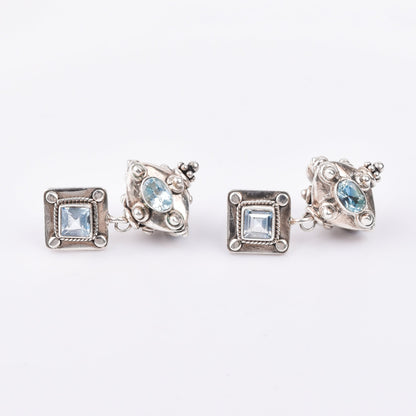 Bali-Style Sterling Silver Blue Topaz Earrings, Small Chunky Pierced Dangle Earrings,  1.25" L