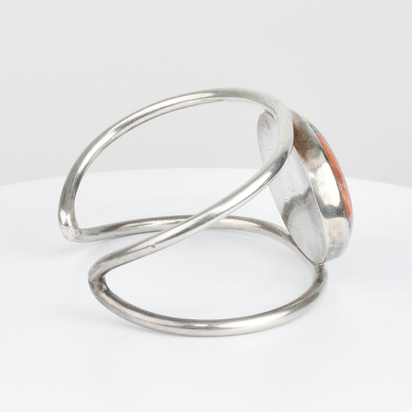 Signed Modernist Unakite Cabochon Cuff Bracelet By Alain Teissier, Chunky Gemstone Bracelet, 6" L