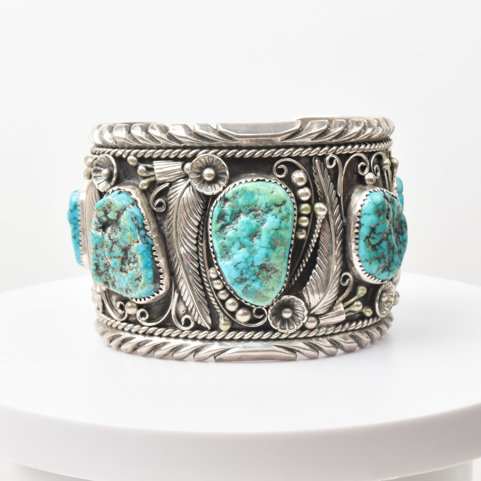 Signed Native American Turquoise Cuff Bracelet In Sterling Silver, Wide Chunky Floral Motif Cuff, 6.25" L