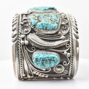 Signed Native American Turquoise Cuff Bracelet In Sterling Silver, Wide Chunky Floral Motif Cuff, 6.25" L