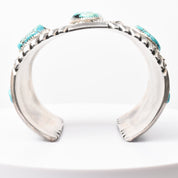 Signed Native American Turquoise Cuff Bracelet In Sterling Silver, Wide Chunky Floral Motif Cuff, 6.25" L