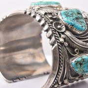 Signed Native American Turquoise Cuff Bracelet In Sterling Silver, Wide Chunky Floral Motif Cuff, 6.25" L