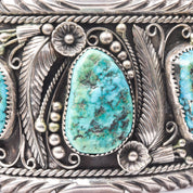 Signed Native American Turquoise Cuff Bracelet In Sterling Silver, Wide Chunky Floral Motif Cuff, 6.25" L