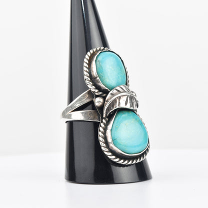Navajo Two-Stone Turquoise Ring In Sterling Silver, Native American Jewelry, Size 10 1/2 US