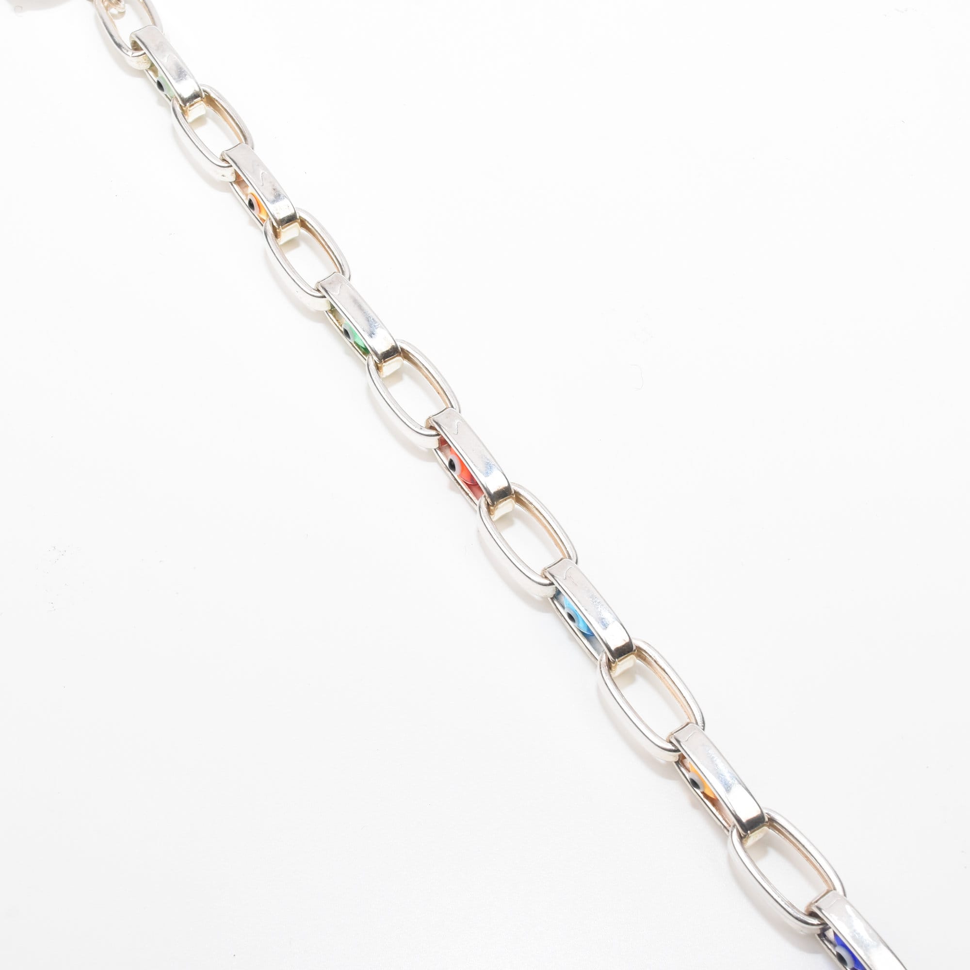 Modernist Evil Eye Bracelet In Sterling Silver, Colorful Glass Beads, Hollow Oval Link Chain, 8" L