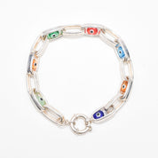 Modernist Evil Eye Bracelet In Sterling Silver, Colorful Glass Beads, Hollow Oval Link Chain, 8" L