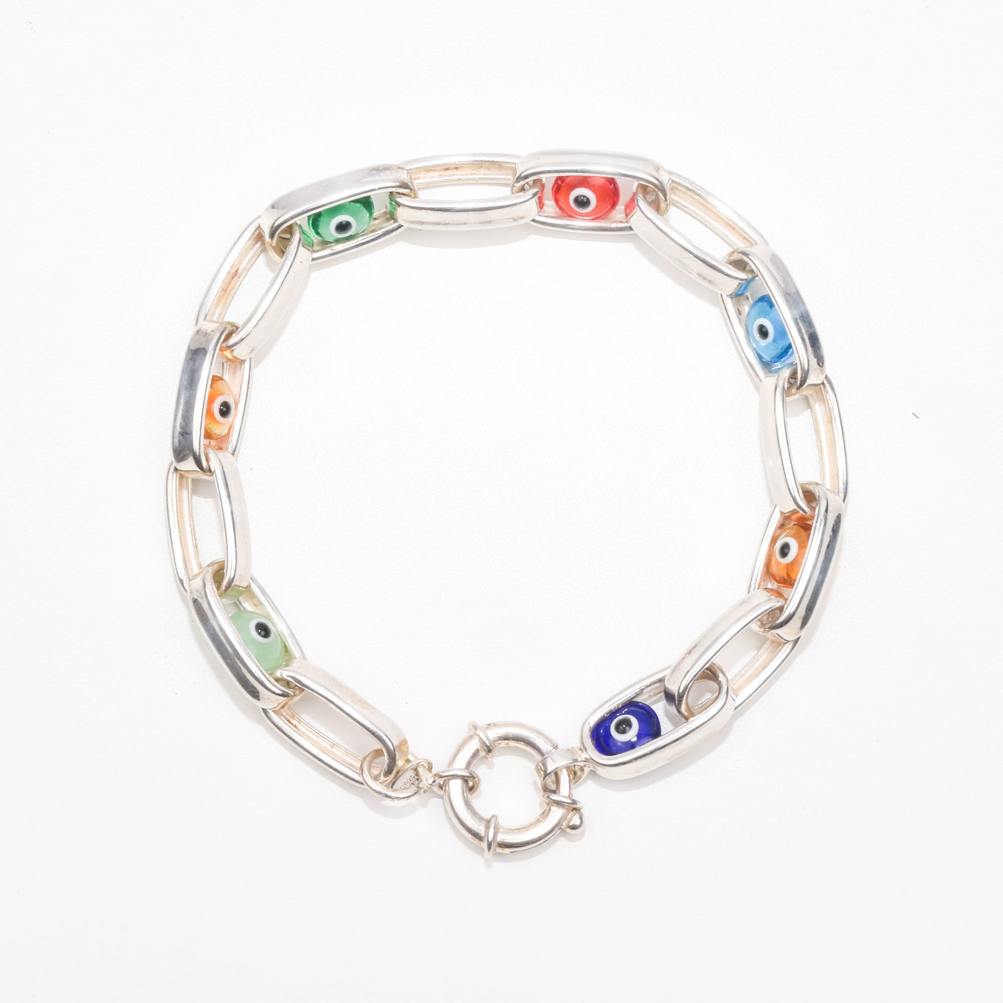 Modernist Evil Eye Bracelet In Sterling Silver, Colorful Glass Beads, Hollow Oval Link Chain, 8" L