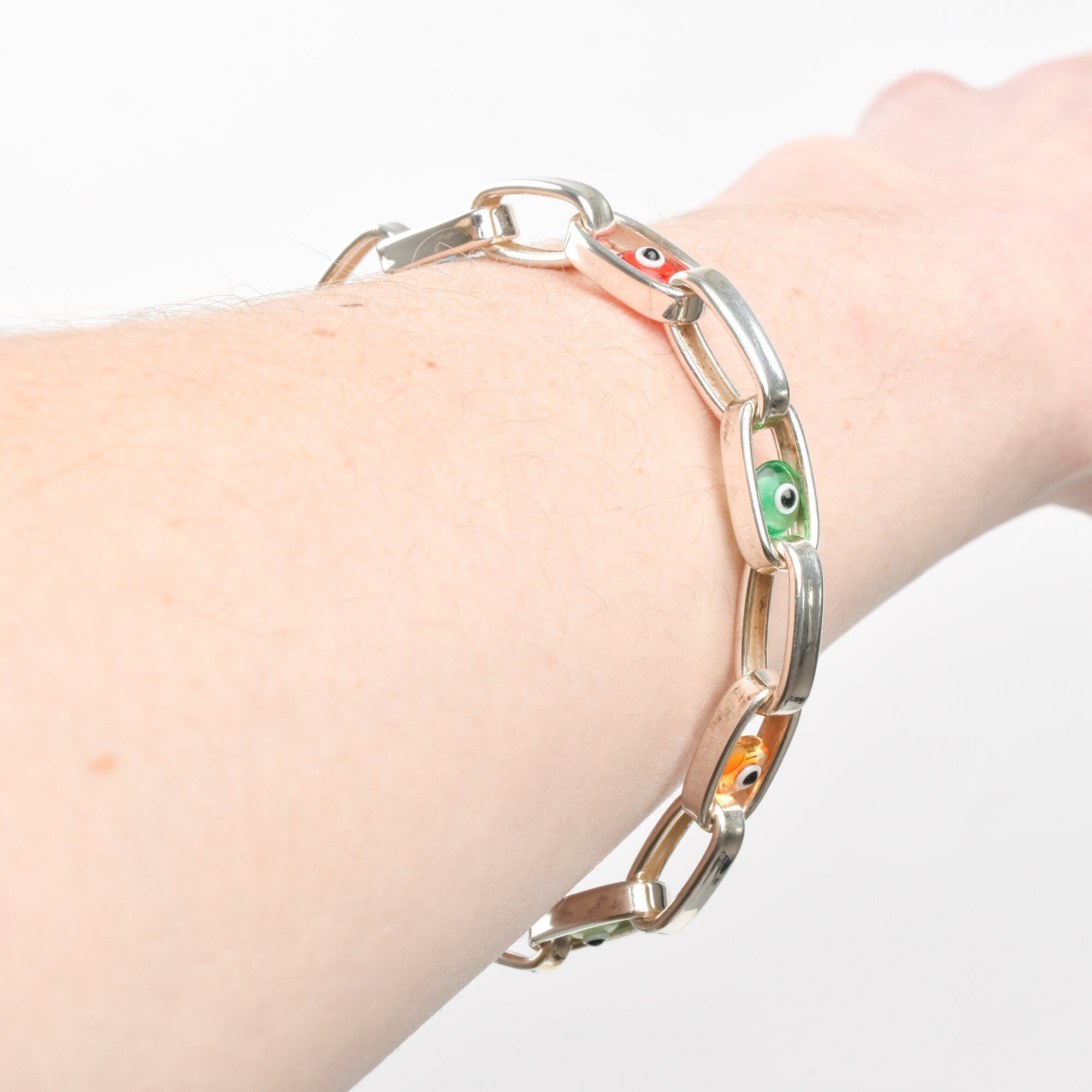 Modernist Evil Eye Bracelet In Sterling Silver, Colorful Glass Beads, Hollow Oval Link Chain, 8" L