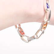 Modernist Evil Eye Bracelet In Sterling Silver, Colorful Glass Beads, Hollow Oval Link Chain, 8" L