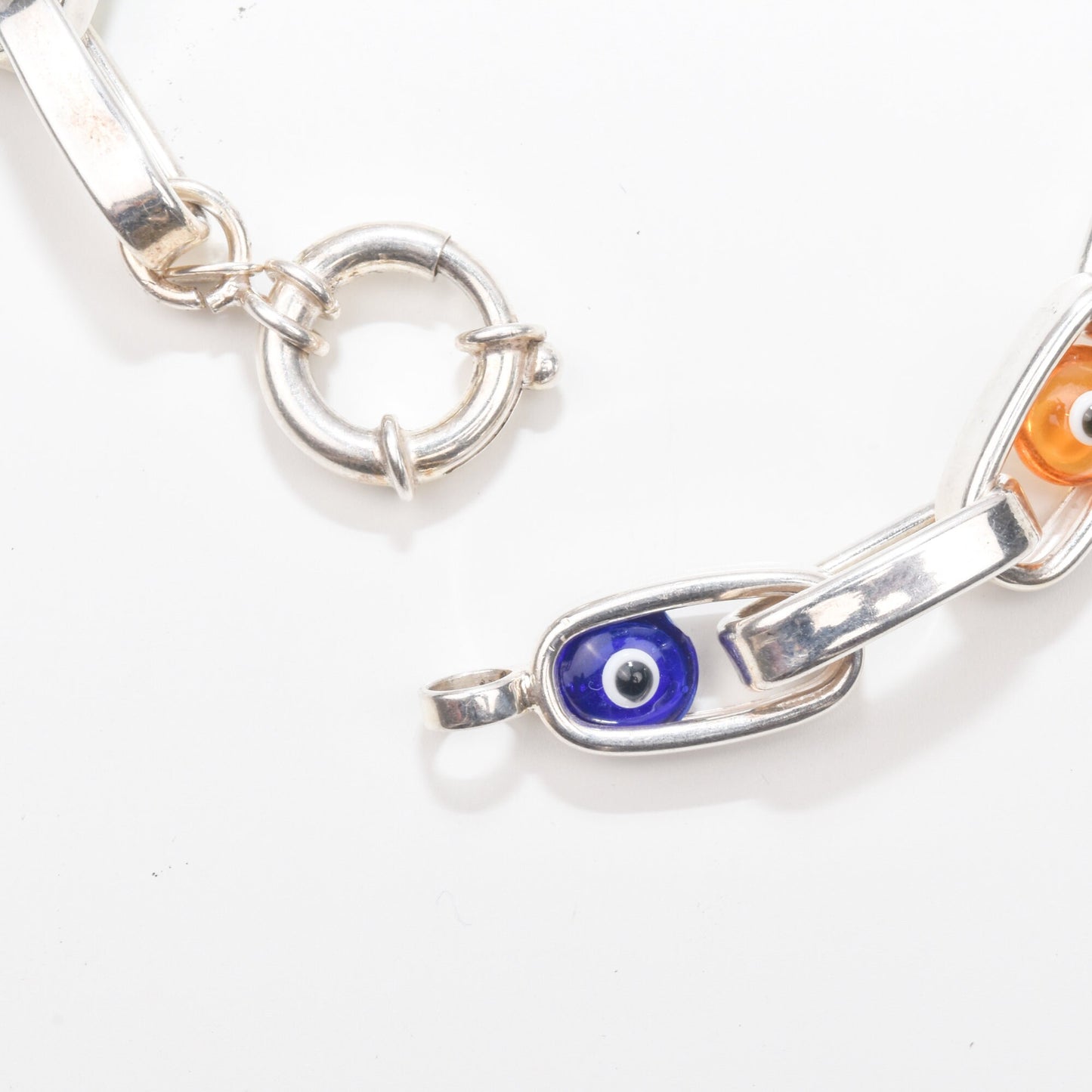 Modernist Evil Eye Bracelet In Sterling Silver, Colorful Glass Beads, Hollow Oval Link Chain, 8" L