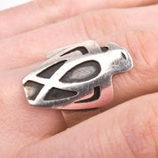 Modernist Sterling Silver Thunderbird Ring, Carved Designs, Native American Jewelry, Size 8 1/2 US