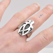 Modernist Sterling Silver Thunderbird Ring, Carved Designs, Native American Jewelry, Size 8 1/2 US