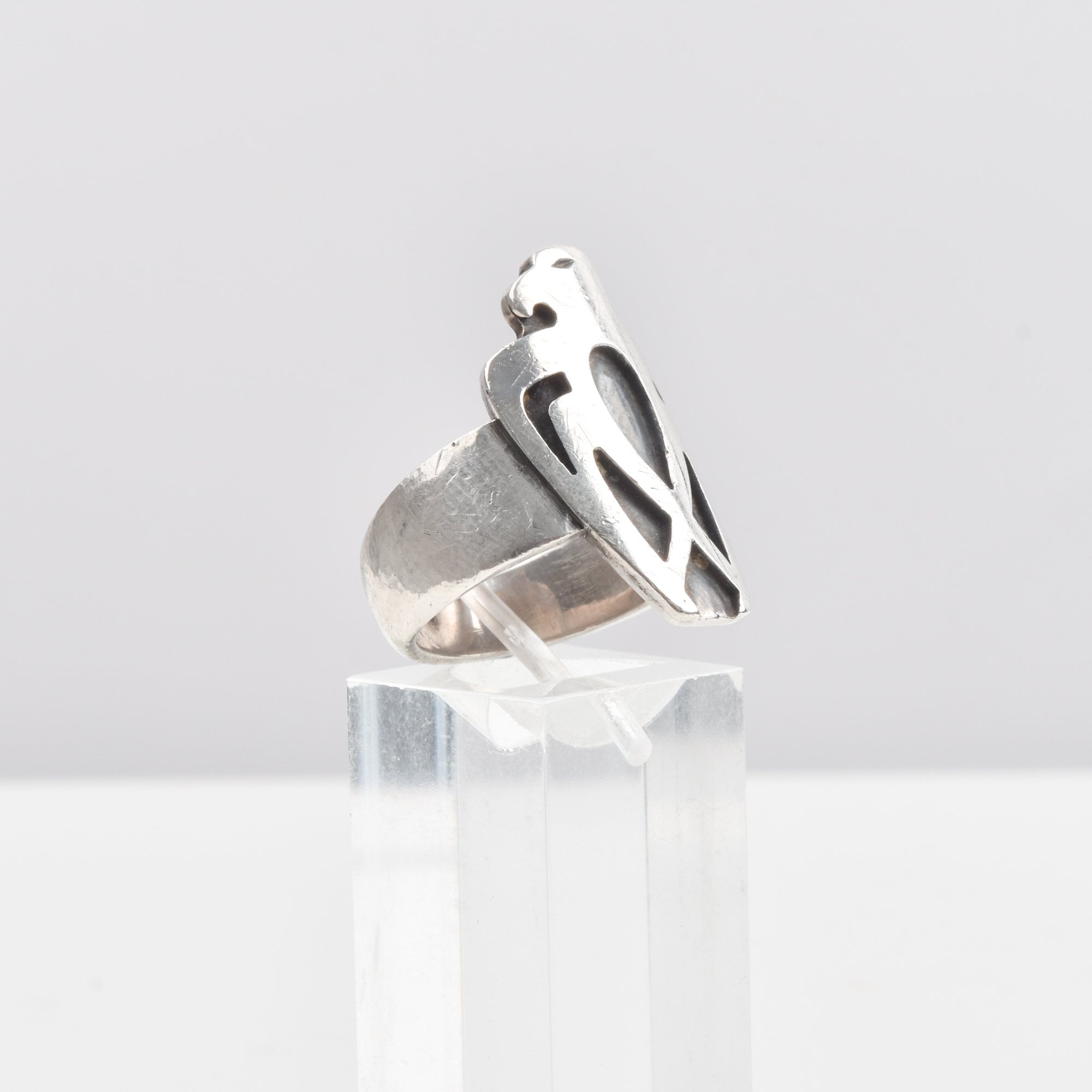 Modernist Sterling Silver Thunderbird Ring, Carved Designs, Native American Jewelry, Size 8 1/2 US