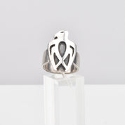 Modernist Sterling Silver Thunderbird Ring, Carved Designs, Native American Jewelry, Size 8 1/2 US