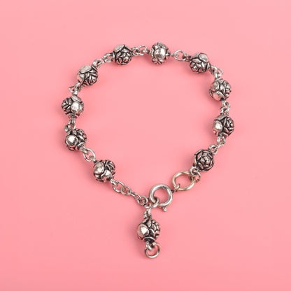 Art Nouveau Revival Rose Link Bracelet, Silver-Plated Metal, Adjustable Clasp, 7" L