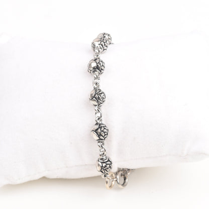 Art Nouveau Revival Rose Link Bracelet, Silver-Plated Metal, Adjustable Clasp, 7" L