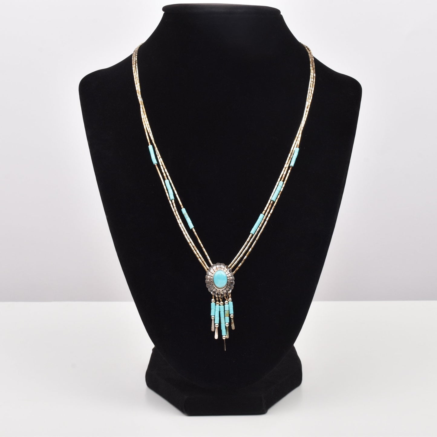 Native American Sterling Silver Turquoise Concho Tassel Pendant Necklace, 3-Strand Beaded Necklace, 18.5" L