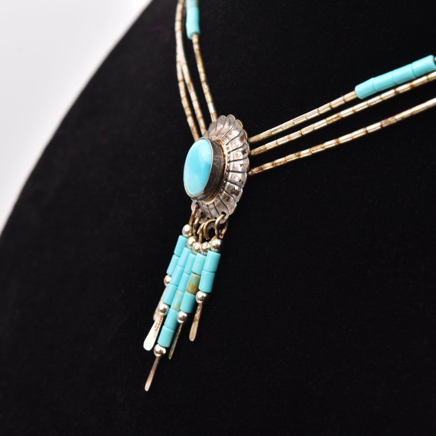 Native American Sterling Silver Turquoise Concho Tassel Pendant Necklace, 3-Strand Beaded Necklace, 18.5" L