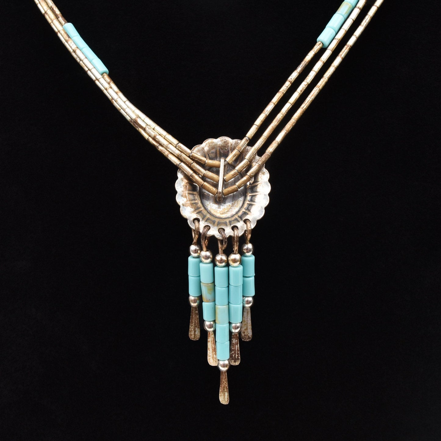 Native American Sterling Silver Turquoise Concho Tassel Pendant Necklace, 3-Strand Beaded Necklace, 18.5" L