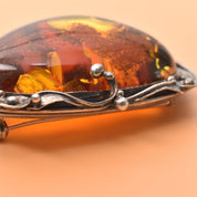 Beautiful Amber Brooch Set In Sterling Silver, Art Nouveau Revival, Floral Motifs, Estate Jewelry, 2" W